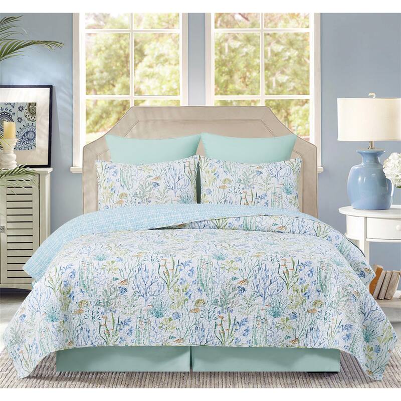 Coralie Sound Coastal Beach Cotton Quilt Set - Reversible and Machine Washable