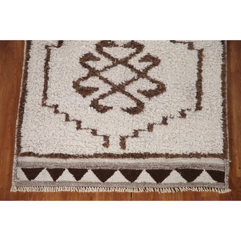 Natural Dye Beige Anatolian Runner Rug Hand-knotted Wool Carpet - 3'4"x 11'8"