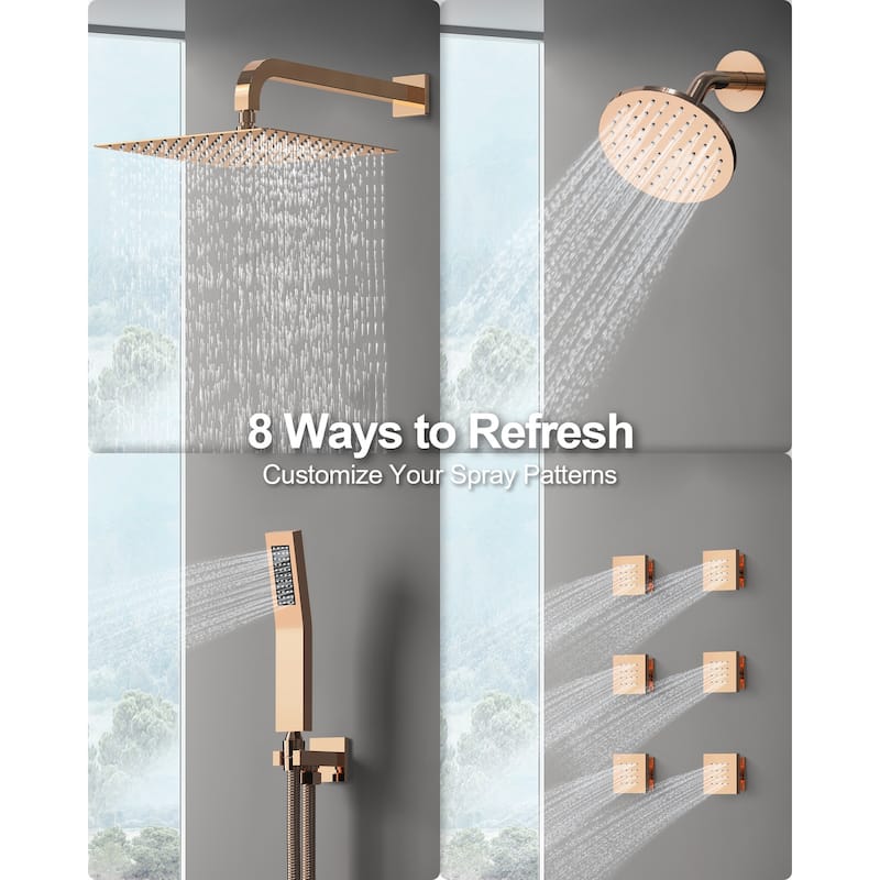 GRANDJOY 12" Wall Mounted Shower System Dual Shower Heads with 6 Body Jets
