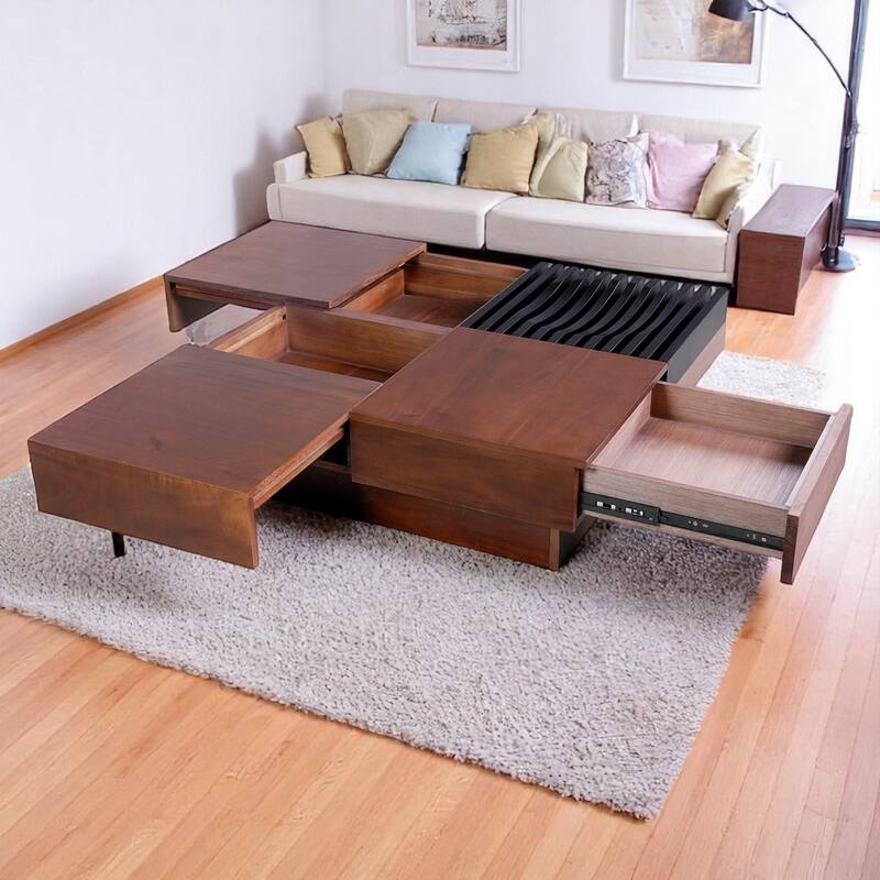 Square Acacia wood storage coffee table with Hidden Storage, 35" Solid Wood Living Room Table,end tables