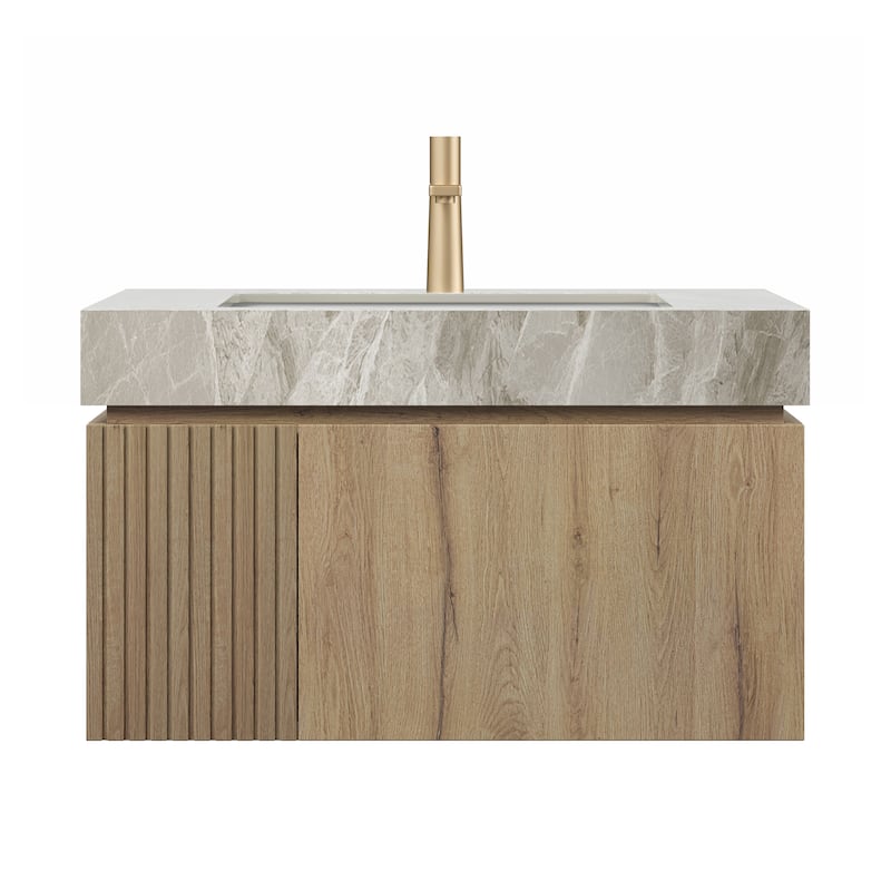 30"/36"/48" Wall-Mounted Bathroom Vanity with Ceramic Sink, Sintered Stone Countertop Floating Bathroom Storage Cabinet