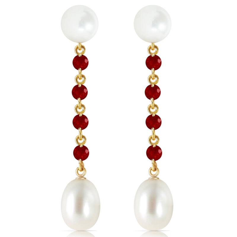 14K Solid Gold Chandelier Natural Ruby & Pearl Gemstone Earrings