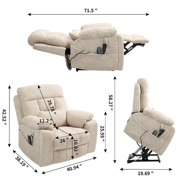 dimension image slide 2 of 3, Overstuffed Chenille Power Lift Recliner,Lay Flat 71.5 " Length, Dual Motors Recliner with Massage/Heat Infinite Position