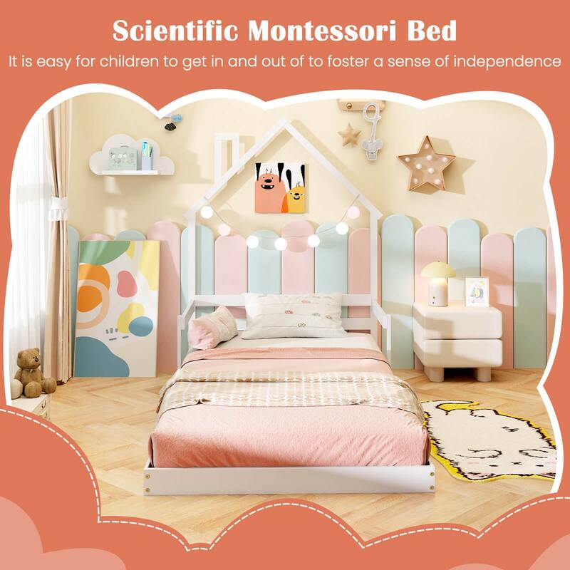Costway Twin Size Floor Bed for Kids with Chimney Headboard & Handrail