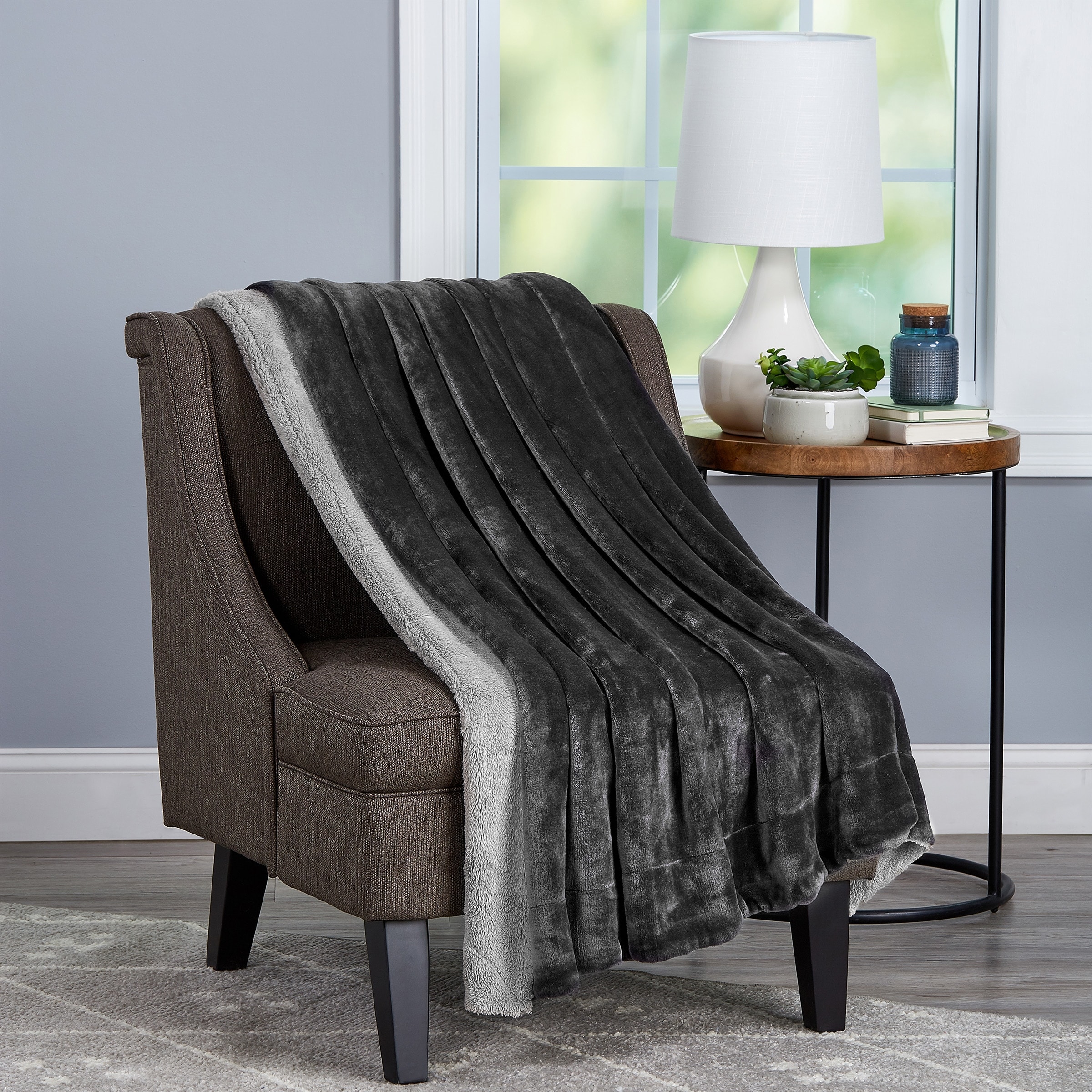 Plush Woven Sherpa Blanket Oversized Solid Color Poly Fleece Throw Machine Washable Blanket by Lavish Home Gray
