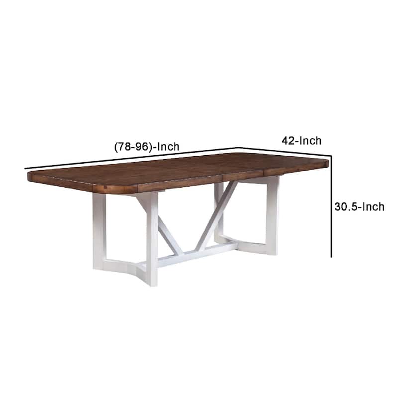 Dan 96 Inch Large Dining Table, Removable Leaf, Pine Wood, Brown, White