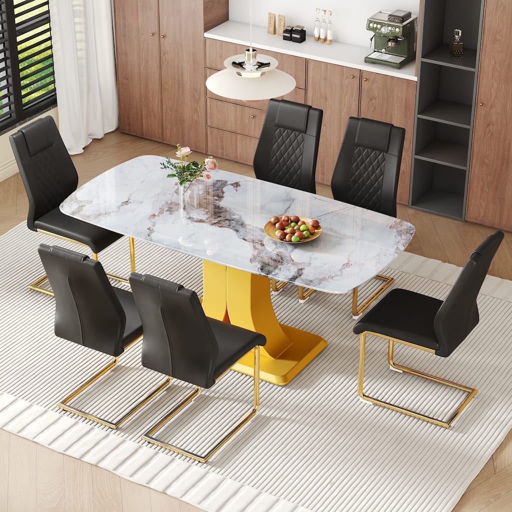 Modern Dining Table Set, Dining Table with C-Shaped Metal Legs, Black Upholstered Leather Dining Chairs