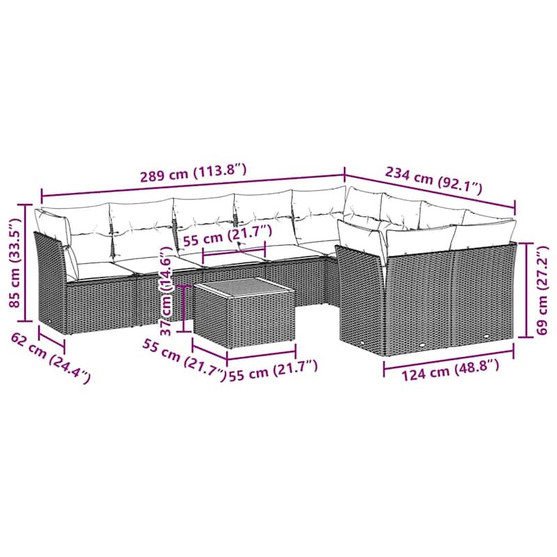 vidaXL Patio Sofa Set with Cushions Outdoor Furniture 10 Piece Poly Rattan - 24.4 x 24.4 x 27.2