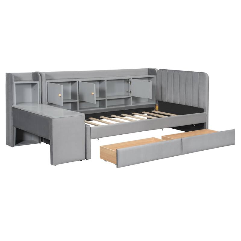 Twin Size Velvet Upholstered Daybed with Drawers & Shelves, Space-Saving Wood Corner Bed Frame with Flip Cabinets & Side Table