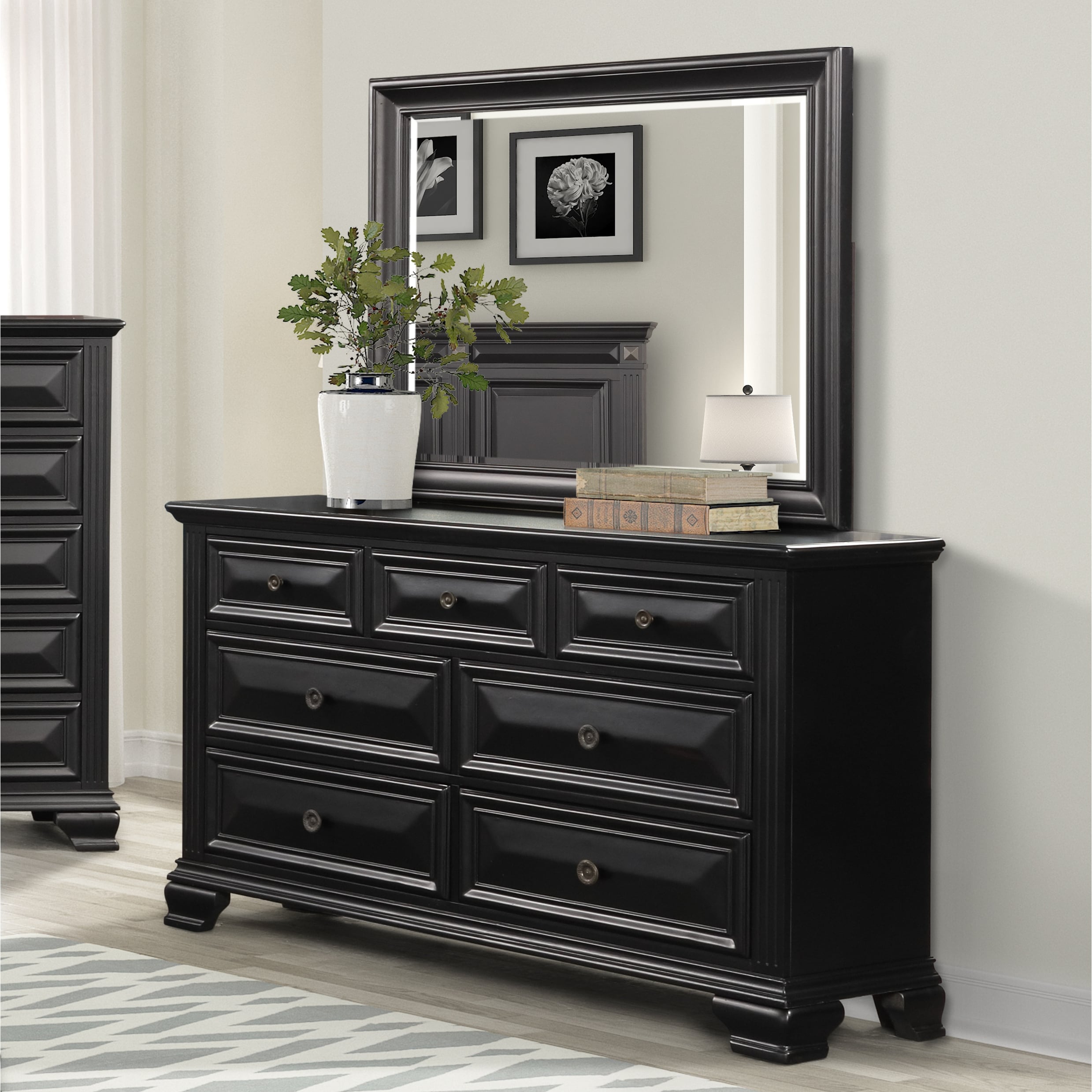 Roundhill Furniture Renova Vintage Black 7-Drawer Dresser with Mirror