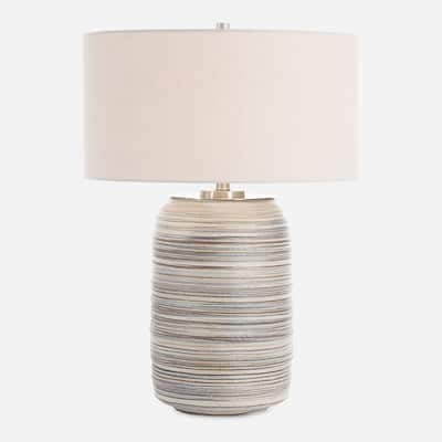Striped Ceramic Table Lamp with Drum Shade - 27" - Beige and Brown