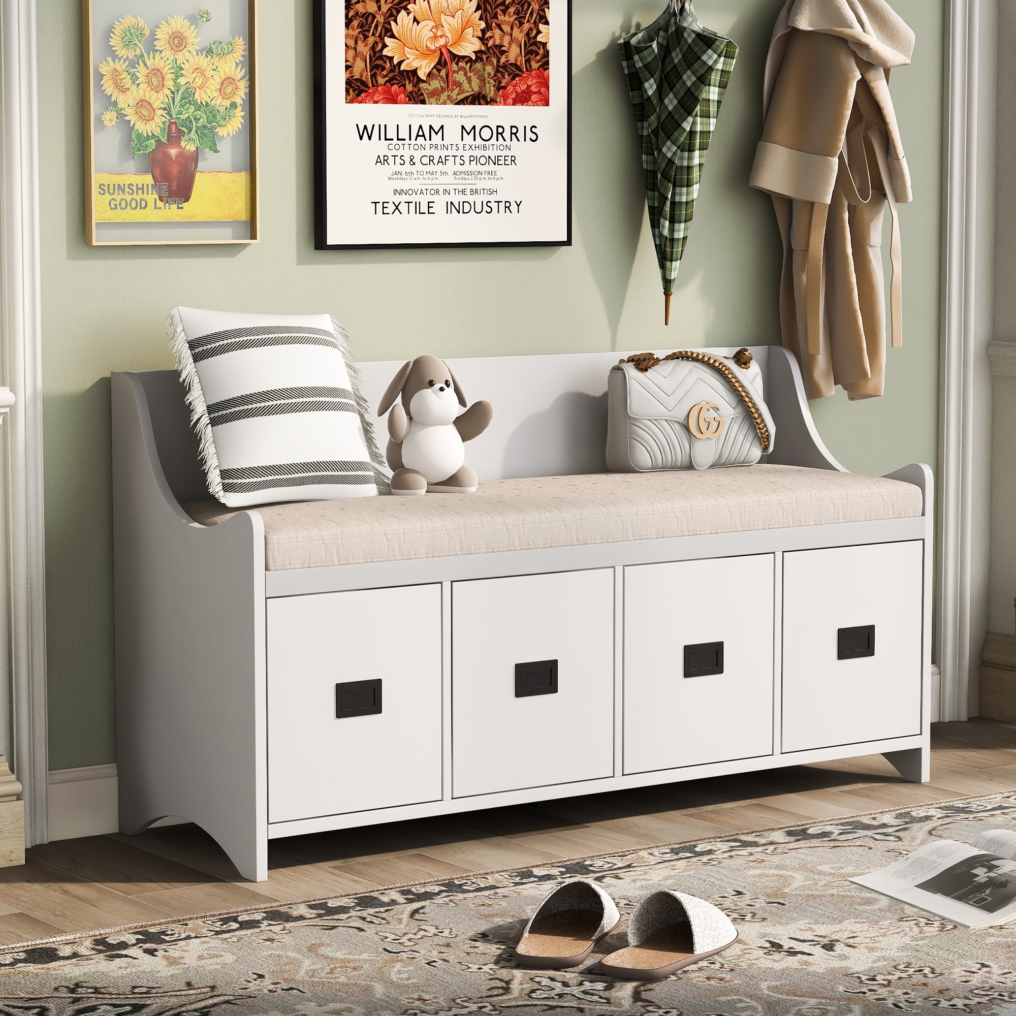 Movable Cushion Storage Bench with 4 Sliding Drawers and Backrest for Entryway and Living Room Multi Purpose Cushioned Benches