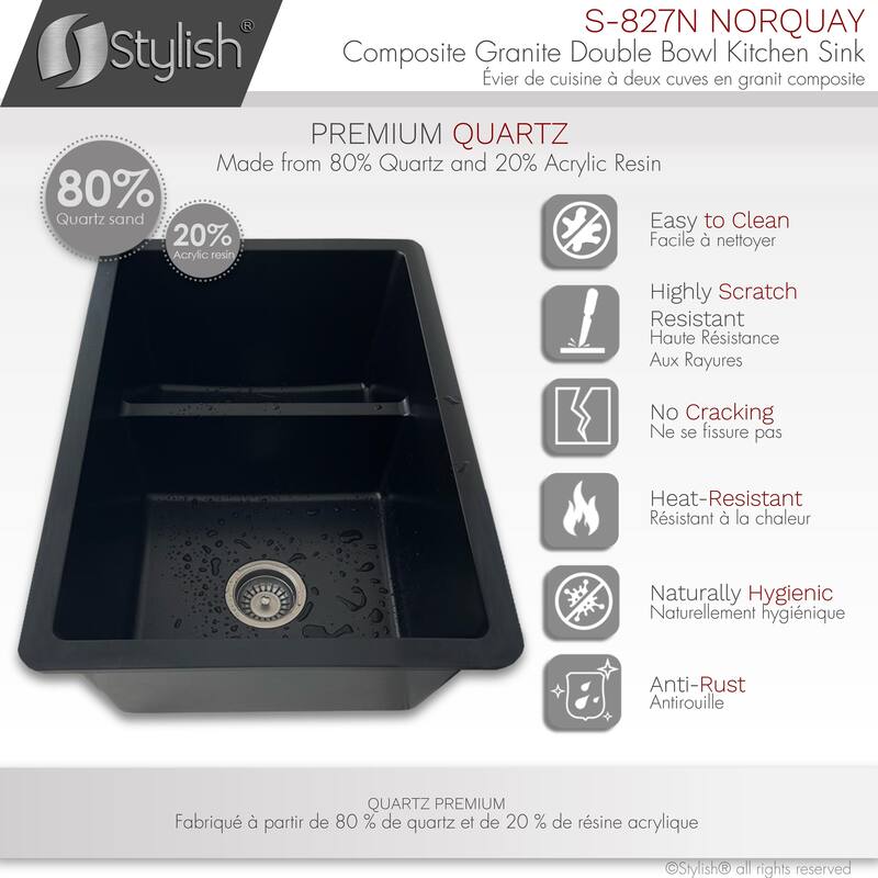STYLISH 27 inches L x 18 inches W Double Bowl 60/40 Dual Mount Composite Granite Kitchen Sink - 27" x 18" x 9.5"