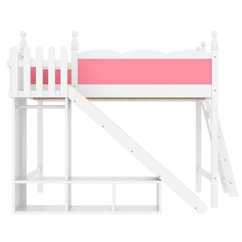 Full Loft Bed with Storage Shelves and Wardrobe, Solid Wood Loft Beds with Detachable Slide and Ladders, No Spring Box Needed