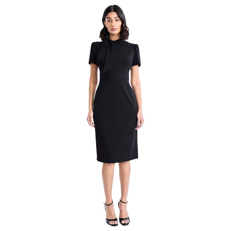 Mock Neck Short Sleeve Sheath Dress With Tie Neck Detail And Back Zipper