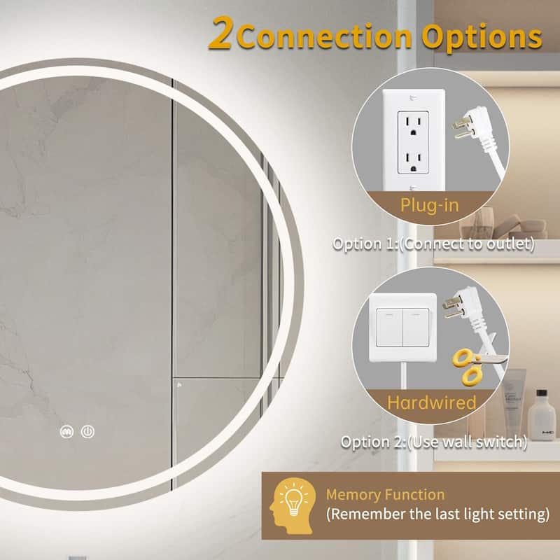 Circular LED Anti-Fog Mirror for Bathroom, Three-Color Lighting Adjustable