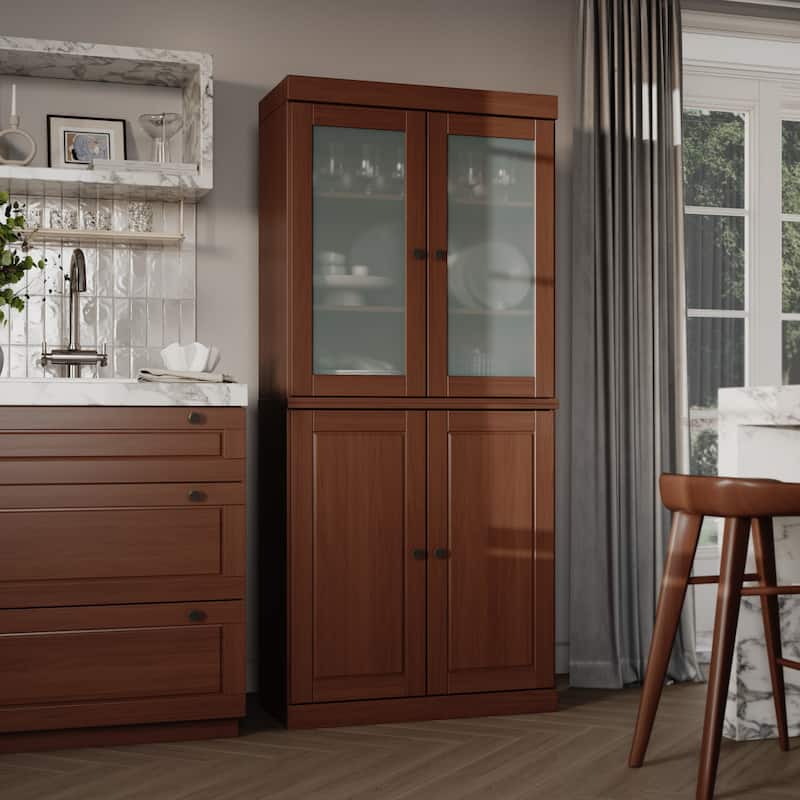 Palace Imports 100% Solid Wood Pantry Cabinet with Frosted, Clear Glass or Solid Doors and Adjustable Shelves - Mocha - Frosted Glass-Solid