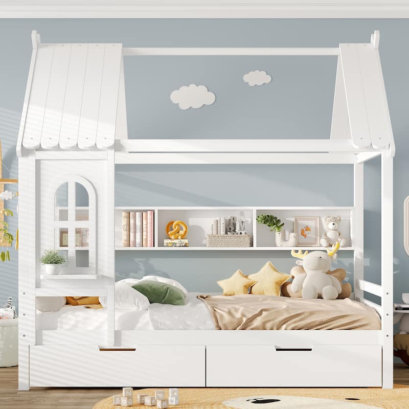 Charming House Bed for Girls, Boys Low Platform Bed Frame with Under-bed Drawers, Storage Shelves, Window and Roof - White - Full