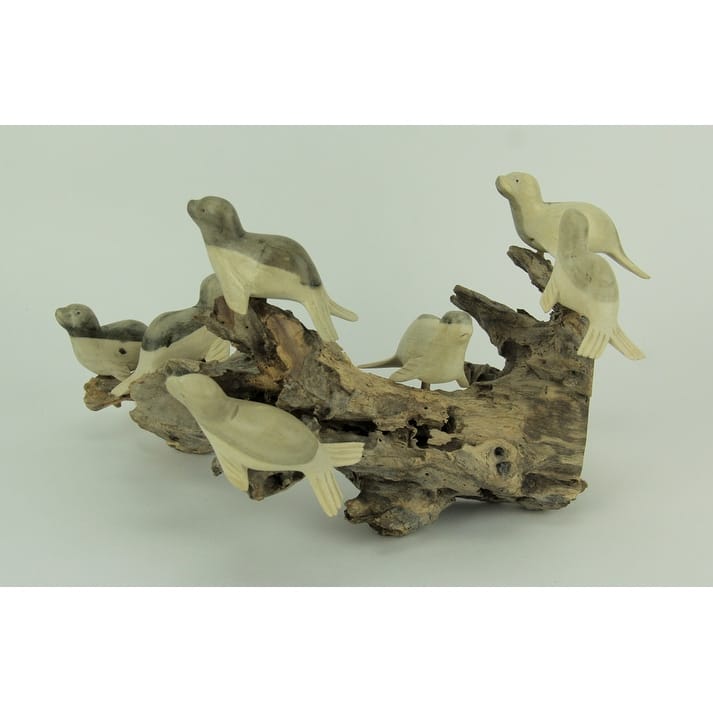 7 Seals On Old Log Hand Carved Wood Statue 13.25 Inches Long - 8 X 13.25 X 11 inches