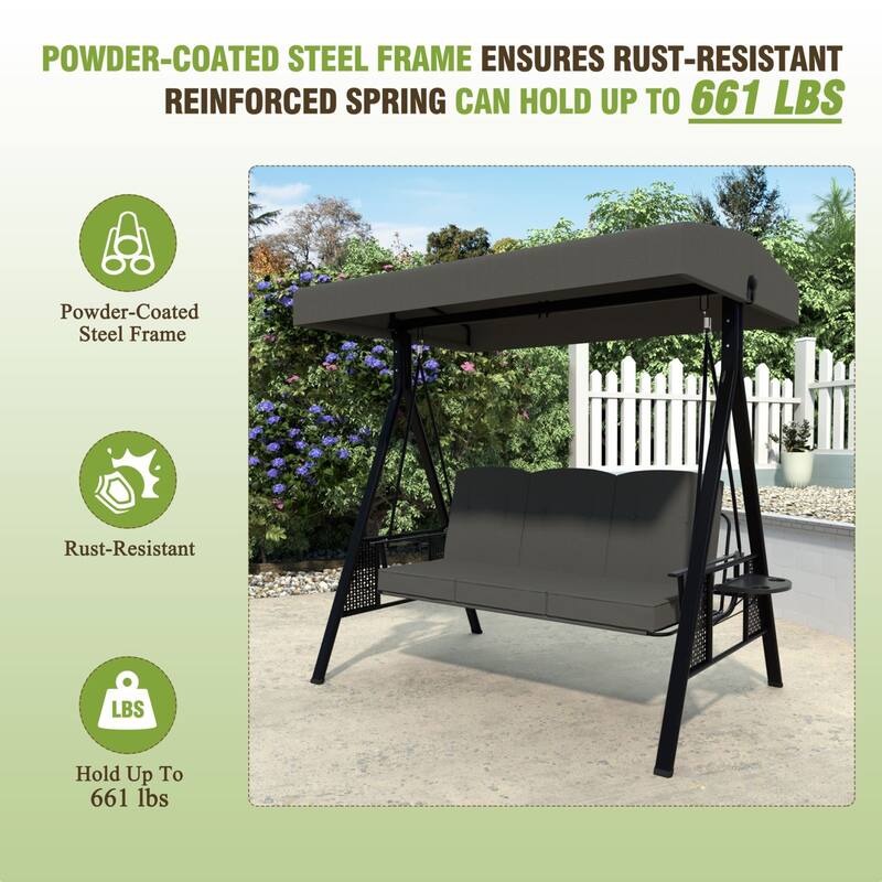 VEIKOUS 3-Seat 2-in-1 Convertible Patio Porch Swing with Adjustable Canopy Swing and Cushion