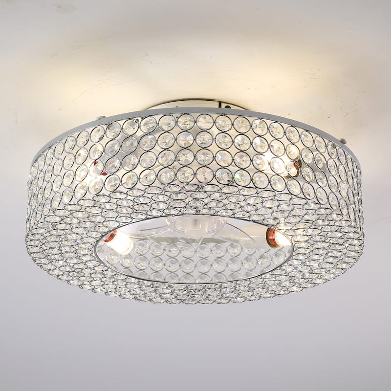 19.6'' Crystal Ceiling Fans with Remote, Flush Mount Ceiling Fan with Light, Chandelier Fan 6 Speed DC Motor Reversible
