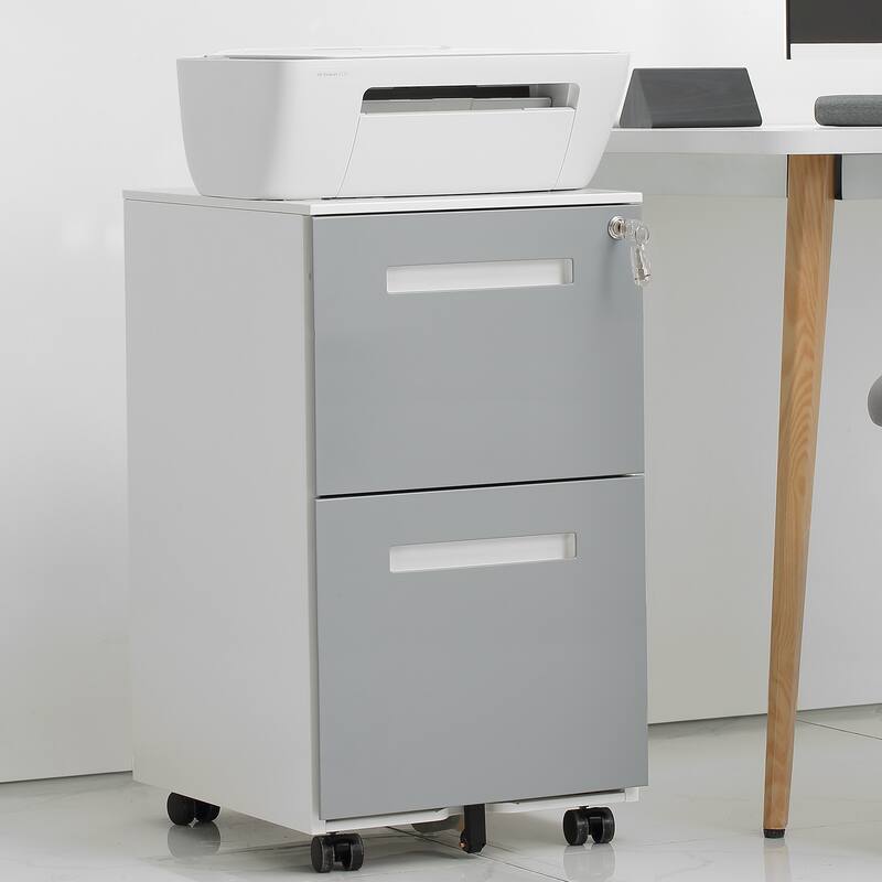 Modern Mobile Locking File Cabinet with 2 Drawers, Removable Hanging Rod and 5 Wheels, for Home Office, Gray