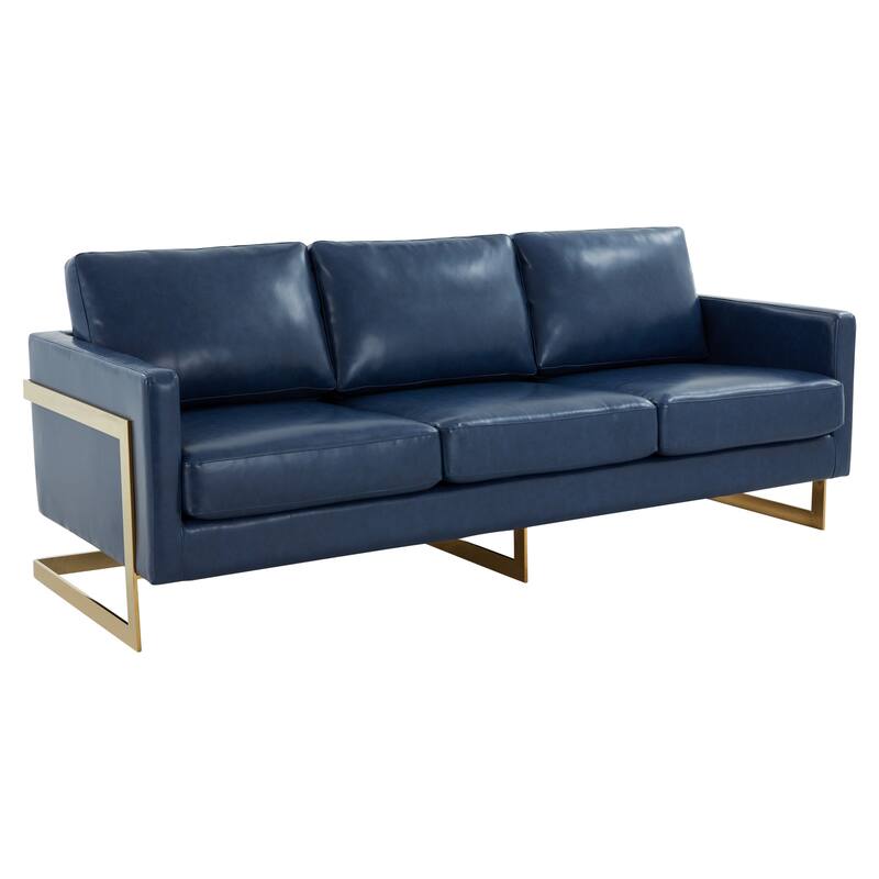 LeisureMod Lincoln Modern Upholstered Leather Sofa with Gold Frame - 83"