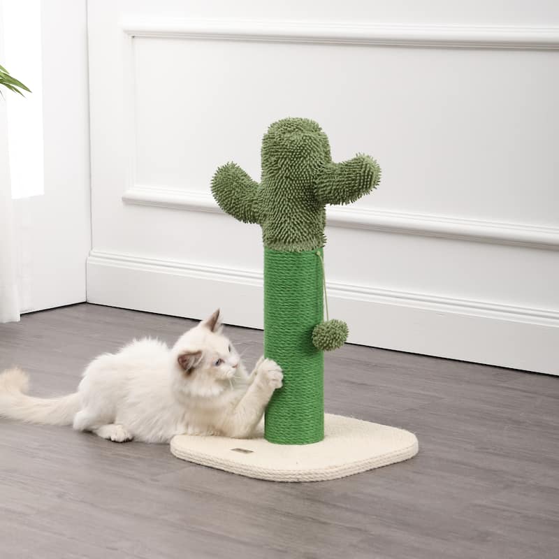 Pecos 21" Modern Jute Cactus Cat Scratching Post with Fuzzy Toy, Green/White