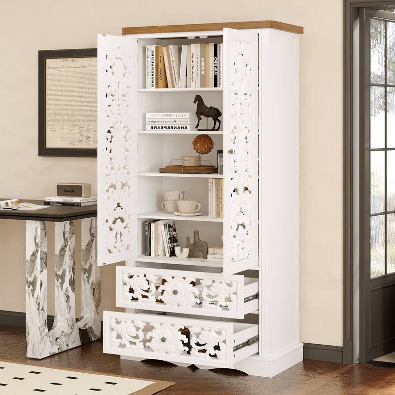 Vintage Carved White Storage Cabinet Accent Cabinet Bookshelves Curio Cabinet