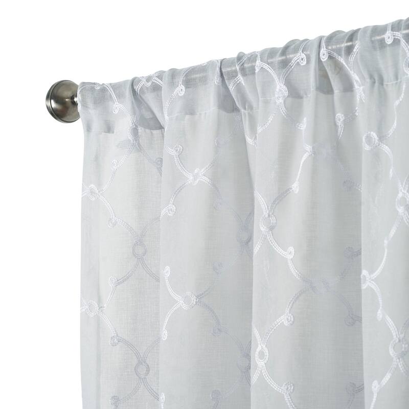 Creative Home Ideas Selena Embroidered Sheer Rod Pocket Window Curtain Panel Pair with Tiebacks