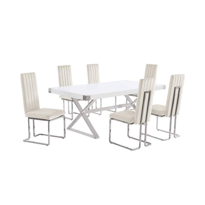 Best Quality Furniture D440/1-SC340-7 Dining Set with 78" White Lacquer Wood Top