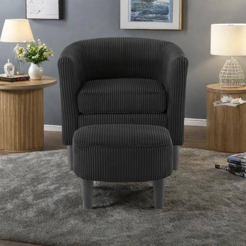 Corduroy Accent Chair with Ottoman - Modern Armchair for Living Room/Bedroom - Black