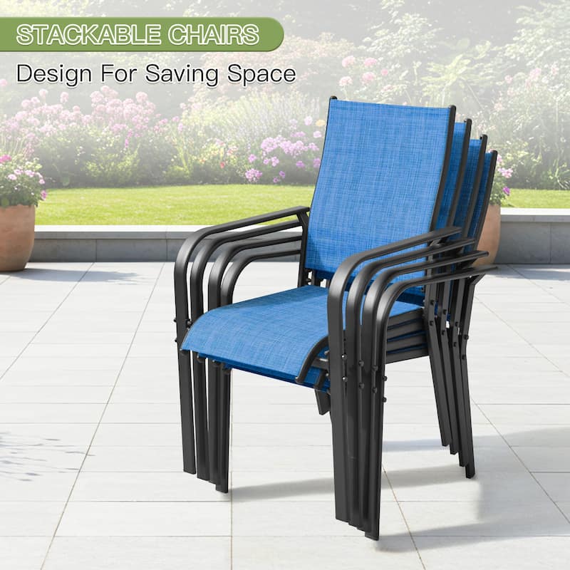 5/7/9-Piece Outdoor Patio Dining Set with Stackable Textilene Chairs and Slatted Table, Furniture with Adjustable Umbrella Hole