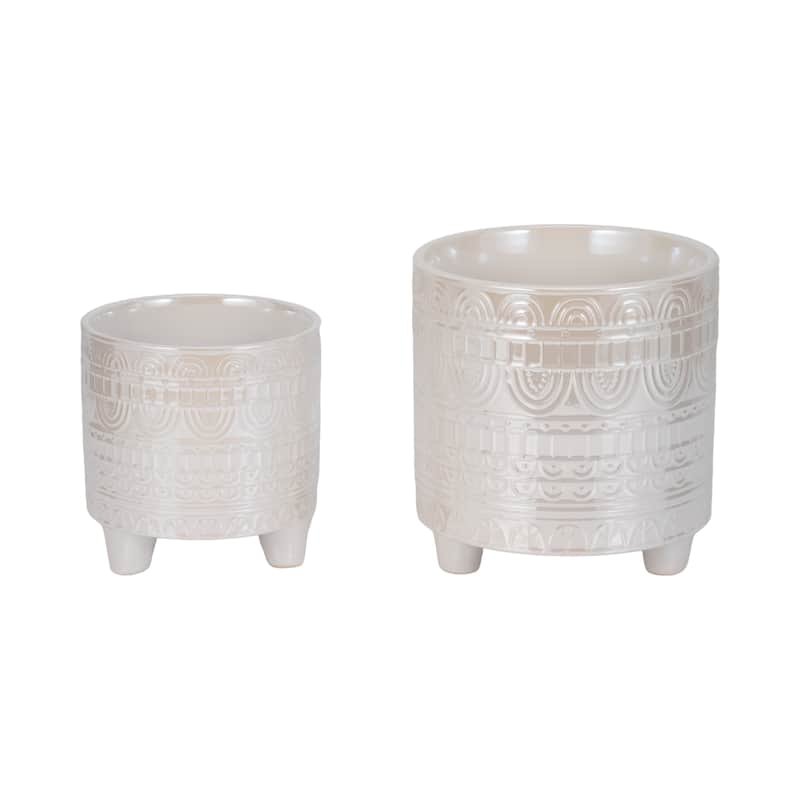 Sagebrook Home Ceramic Boheme Footed Planters, Iridescent Ivory, Set of 2 - 7" x 7" x 8" - Embossed Ivory/beige - 7" x 7" x 8"