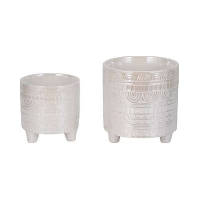 Sagebrook Home Ceramic Boheme Footed Planters, Iridescent Ivory, Set of 2 - 7" x 7" x 8"