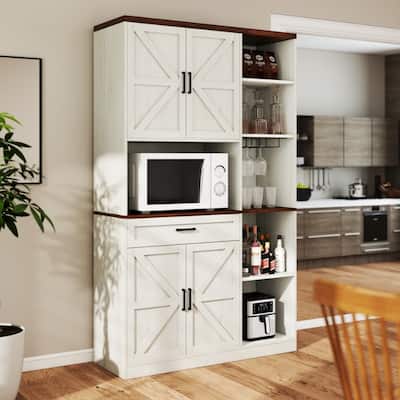 Farmhouse Sideboard with Hutch, Glass Holder, Microwave Stand and Charging Station