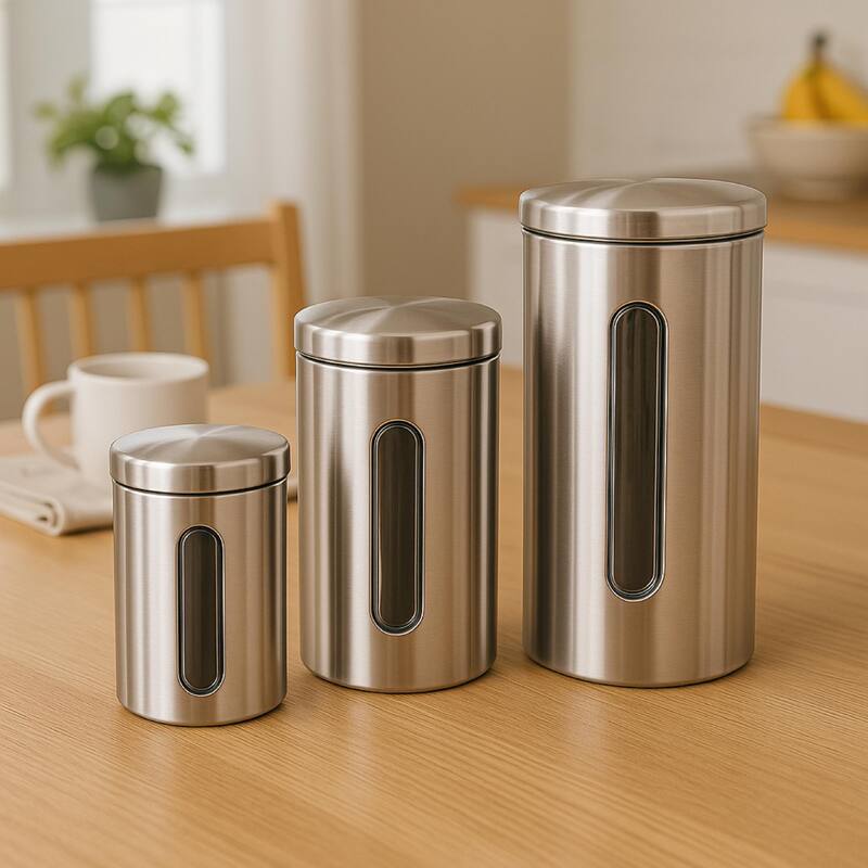 Creative Home Set of 3 Pieces Stainless Steel Canister, Kitchen Storage Jar with Clear See Through Window