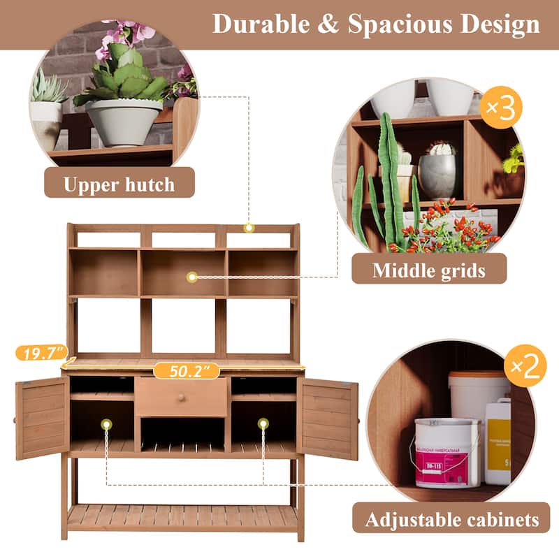 Roomfitters Outdoor Potting Bench Table, Solid Fir Wood with Hutch, storage units & Adjustable Shelves for Planting