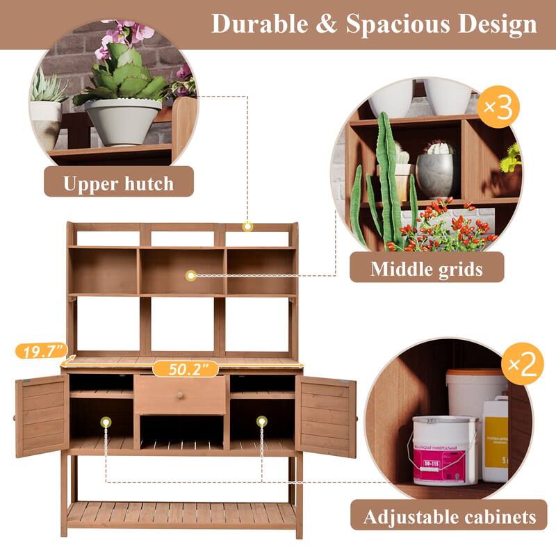 Solid Fir Wood Potting Bench Garden Workstation with Hutch, Drawer & Adjustable Shelves, Outdoor Garden Work Table