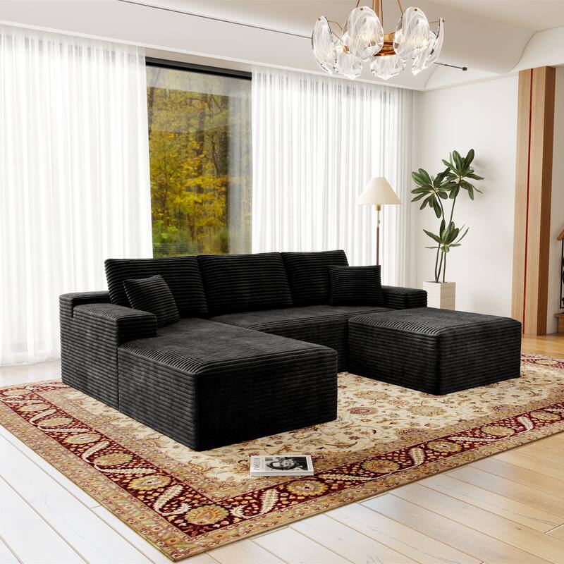 Roomfitters 104.3" Modular Sectional Sofa, 3-Piece Compressed Cloud Couch, No Assembly Required, Plush Corduroy, Black