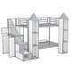 preview thumbnail 11 of 13, Castle-Shaped Metal Twin over Twin Bunk Bed with Wardrobe, Storage Staircase, and Open Cabinets, White+Grey