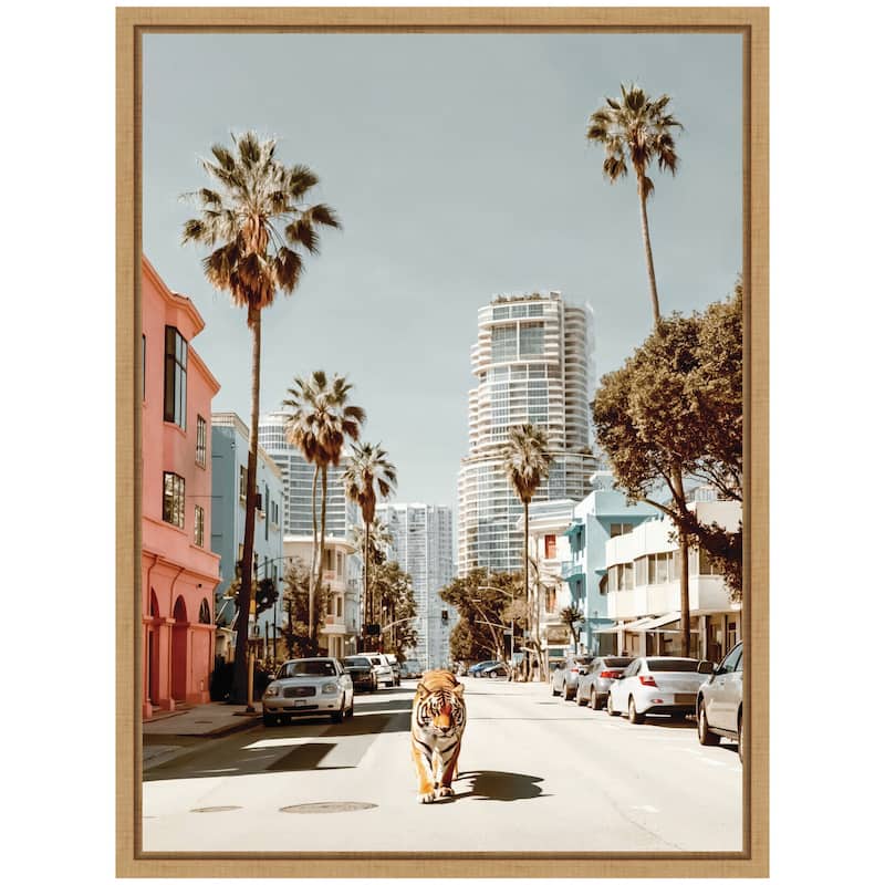 Kate and Laurel Sylvie California Tiger Roaming through Palm Springs Framed Canvas by Michael Schauer