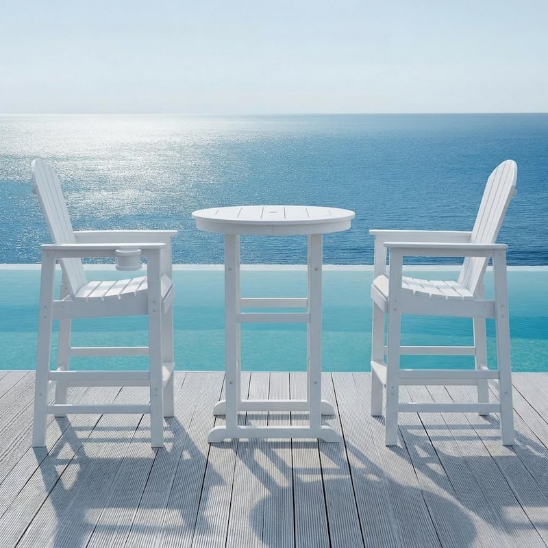 3-Piece HDPE Indoor/Outdoor Bar Set, 42.1" Round Bar Table with 2 Bar Stools, All-Weather Patio Bistro Set for Deck, Balcony - Cottage White