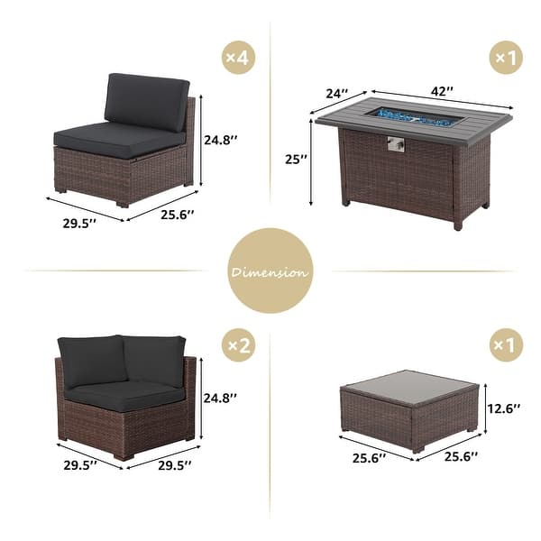 dimension image slide 5 of 9, Outdoor 8 Pieces Sectional Wicker Sofa Set with Fire Pit