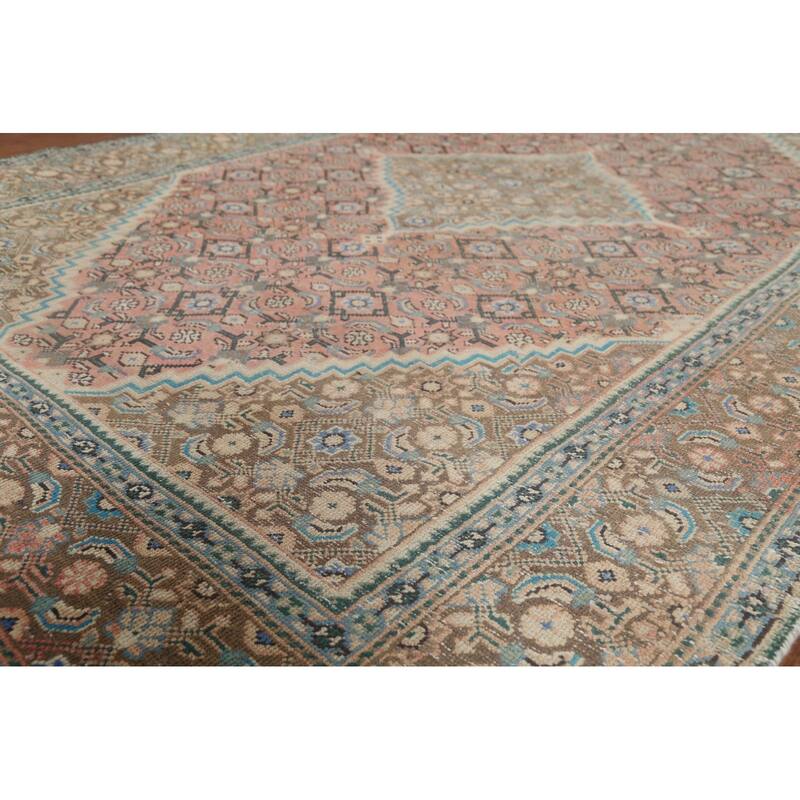 Pink Geometric Tabriz Persian Vintage Rug Hand-Knotted Wool Carpet - 6'7"x 9'9"