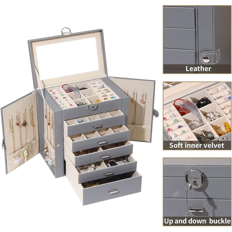 6 Layer Large Jewelry Organizer With Mirror - 6.6"D x 10.6"W x 11"H