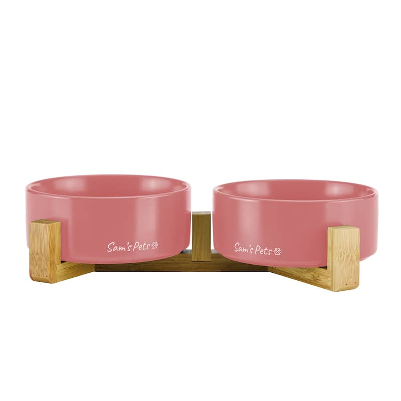 Coco Dual Pet Bowl with Wood Stand 5.11'' in Pink - 10.8