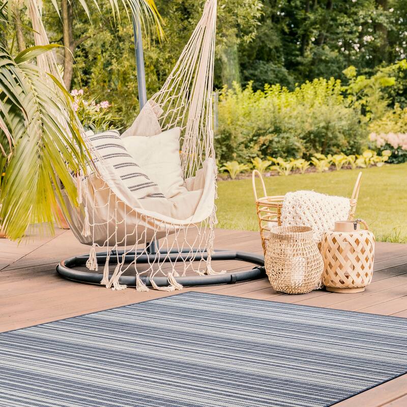 Beverly Rug Blue Striped Indoor Outdoor Rug, Outside Carpet for Patio, Deck, Porch