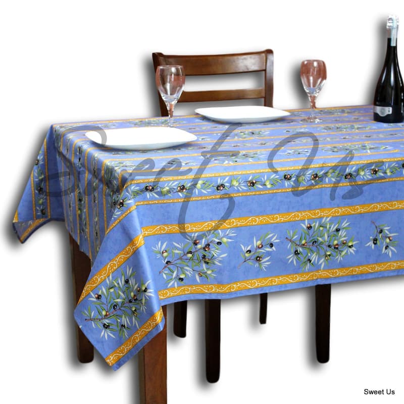 Wipeable Spill Resistant Provencal Cotton Cannes Collection Tablecloth - 60 x 116 in - Blue Olive Stripes