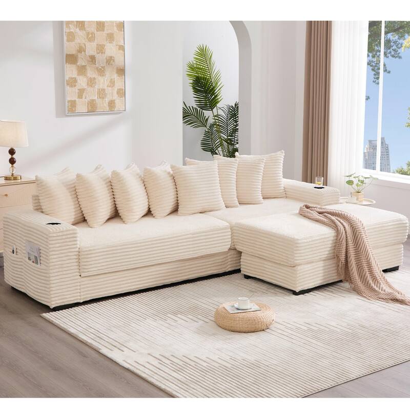 110.75" Corduroy Sectional Sofa, Convertible Sleeper Sofa Bed L-Shaped Upholstered Couch with Removable Footstool, Cup Holder